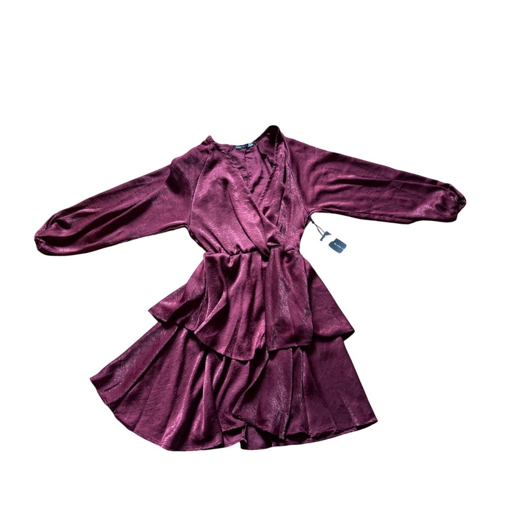 Black Tape Womens XS Burgundy Satin Tiered Ruffle Mini Dress Long Sleeve V-Neck